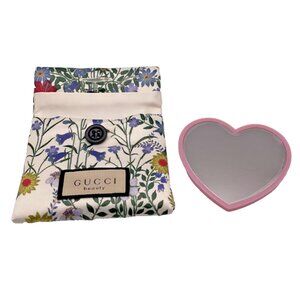 Gucci Beauty Pink Heart Mirror & Floral Silky Pouch Set NEW Cream Flower Case